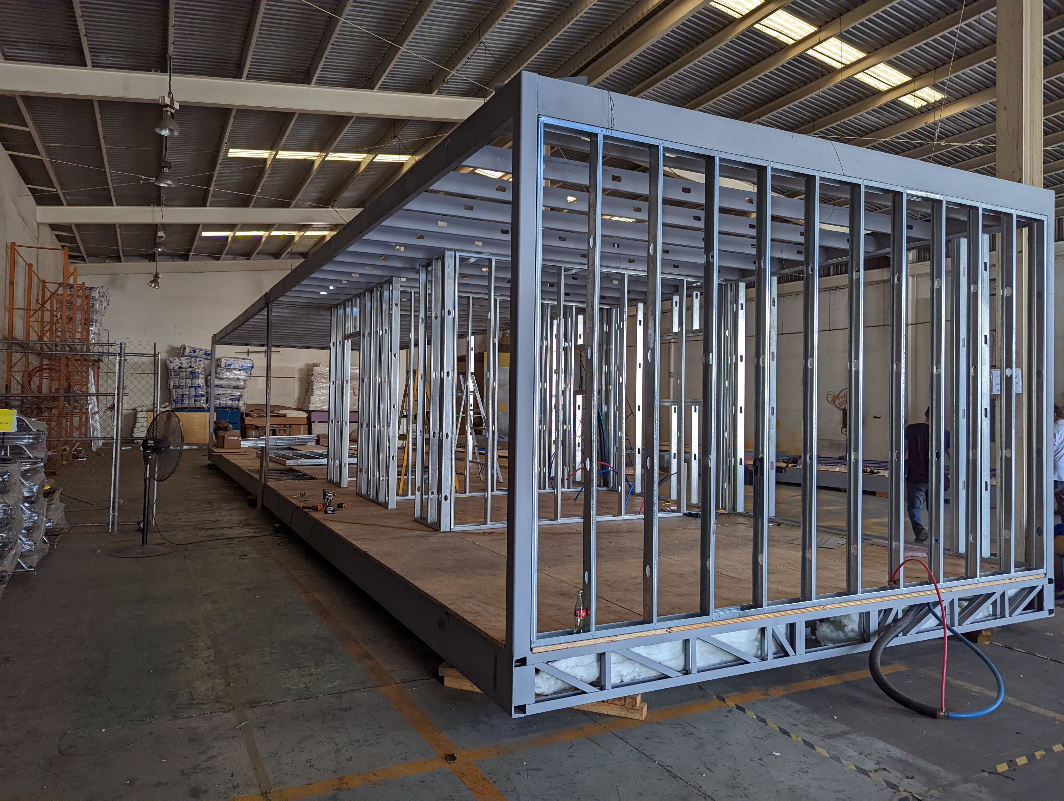Steel framed module in factory